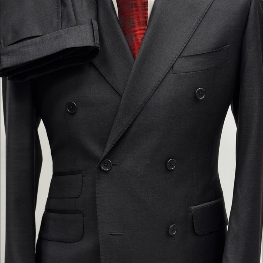 Elegant Black Double-Breasted Suit with Red Tie